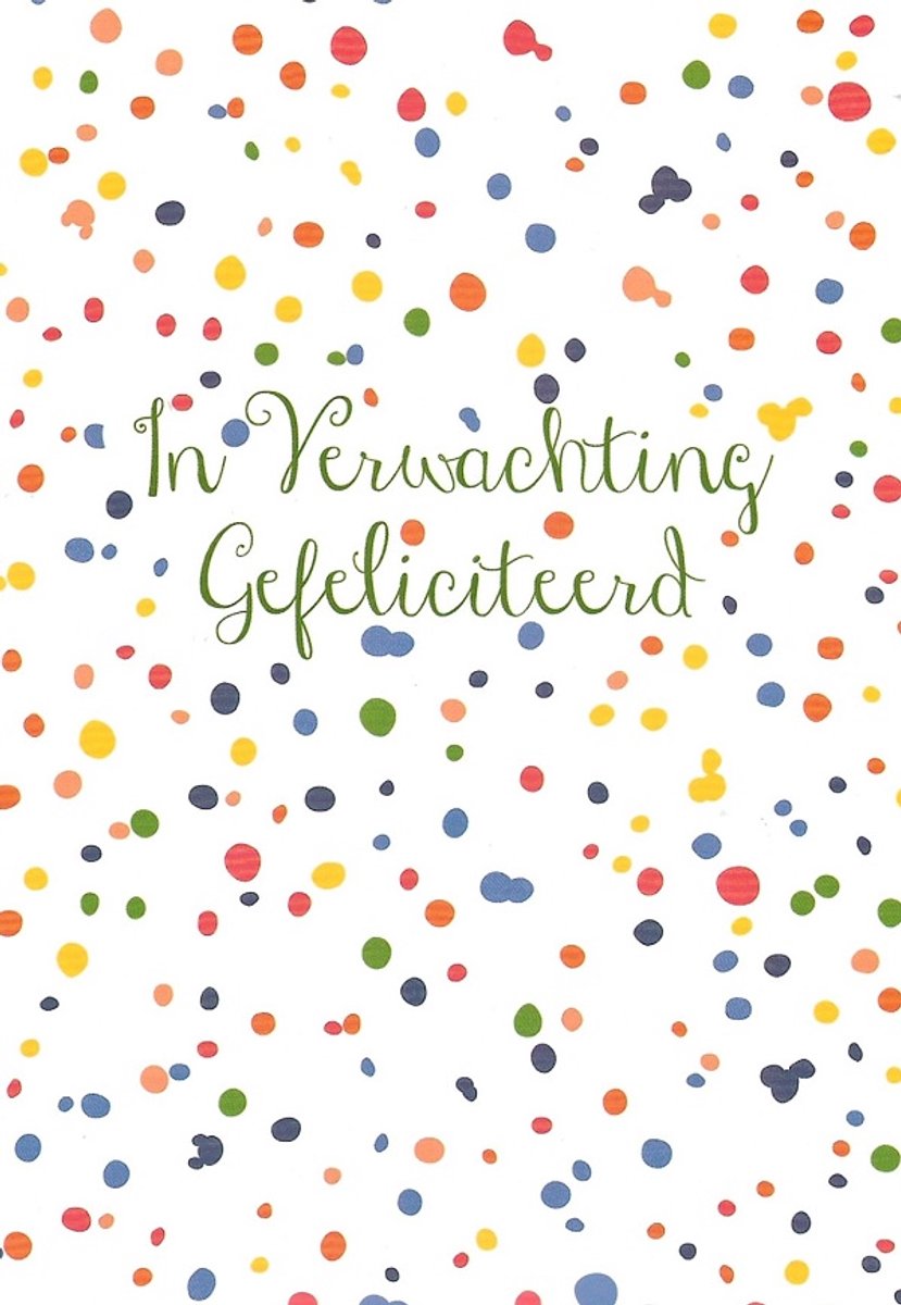 In verwachting! Van harte gefeliciteerd! Een bijzondere kaart met leuke stippen in allerlei verschillende kleuren. Een mooie kaart om zo te geven aan iemand of om bij een cadeau te voegen. Een dubbele wenskaart inclusief envelop en in folie verpakt.