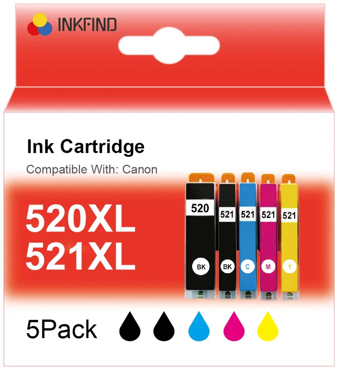 INKFIND PGI520XL CLI521XL inkt cartridge Geschikt voor Canon PGI-520XL Canon CLI-521XL CanonPGI520 CanonCLI521 van 5 stuks multipack voor Canon Pixma IP3600, IP4600, IP4700, MP540, MP5410, MP550, MP560, MP620, MP630, MP640, MP980, MP990, MX860, MX870