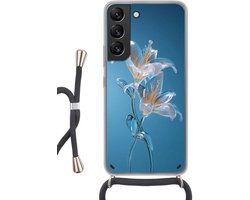 Telefoonhoesje Geschikt voor Samsung Galaxy S22 - Lelies - Blauw - Glazen - Siliconen - Crossbody - Backcover met Koord - Telefoonhoesje met koord - Hoesje met touw Telefoonhoesje