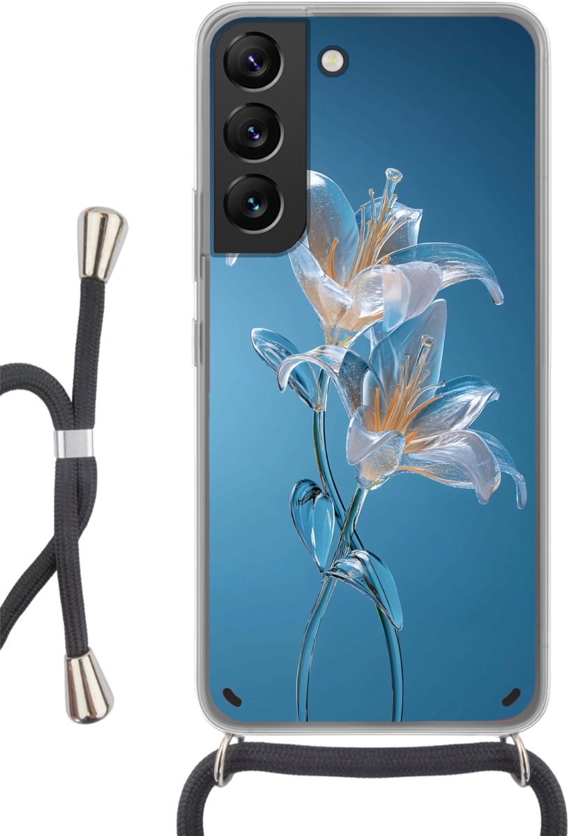 Telefoonhoesje Geschikt voor Samsung Galaxy S22 - Lelies - Blauw - Glazen - Siliconen - Crossbody - Backcover met Koord - Telefoonhoesje met koord - Hoesje met touw Telefoonhoesje