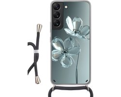 Telefoonhoesje Geschikt voor Samsung Galaxy S22 - Kristal - Bloemen - Grijs - Siliconen - Crossbody - Backcover met Koord - Telefoonhoesje met koord - Hoesje met touw Telefoonhoesje