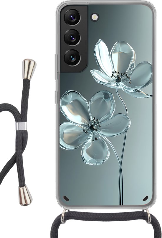 Telefoonhoesje Geschikt voor Samsung Galaxy S22 - Kristal - Bloemen - Grijs - Siliconen - Crossbody - Backcover met Koord - Telefoonhoesje met koord - Hoesje met touw Telefoonhoesje