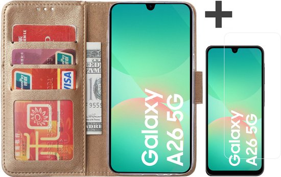 Étui avec protection d'écran pour Samsung Galaxy A26 – Étui Arara avec porte-cartes – Goud