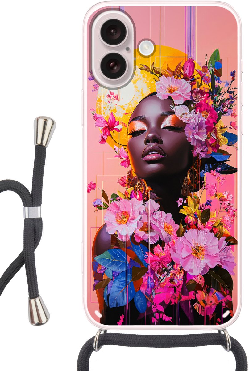 Telefoonhoesje Geschikt voor iPhone 16 - Kleurrijk - Bloemen - Vrouw - Zon - Siliconen - Crossbody - Backcover met Koord - Telefoonhoesje met koord - Hoesje met touw Telefoonhoesje