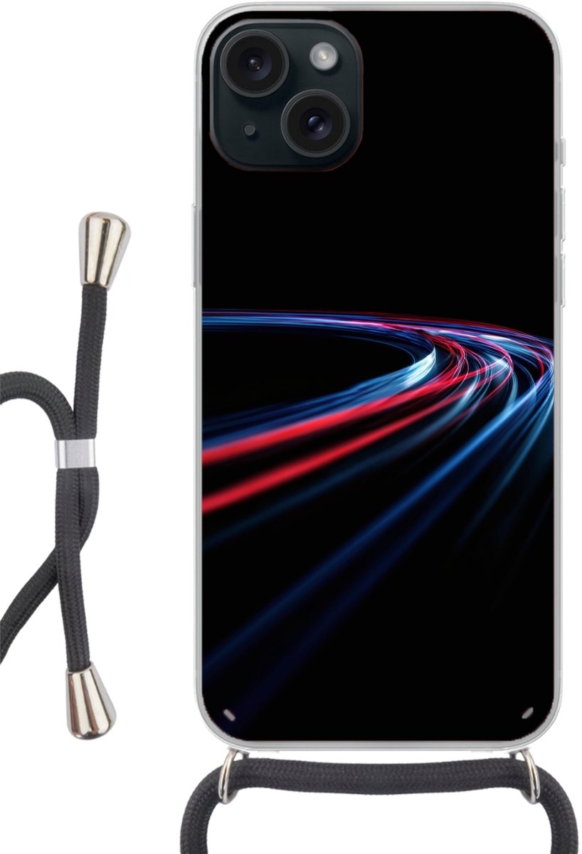 Telefoonhoesje Geschikt voor iPhone 15 Plus - Gaming - Lichtbanen - Golvend - Rood - Siliconen - Crossbody - Backcover met Koord - Telefoonhoesje met koord - Hoesje met touw Telefoonhoesje