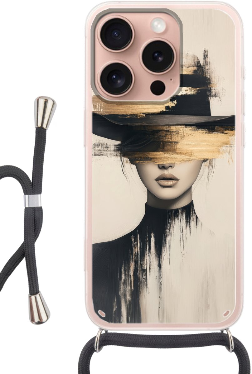 Telefoonhoesje Geschikt voor iPhone 16 Pro - Vrouw - Hoed - Verf - Siliconen - Crossbody - Backcover met Koord - Telefoonhoesje met koord - Hoesje met touw Telefoonhoesje
