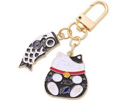 Sleutelhanger Maneki Neko I Leuke Japanse Sleutelhouder I Lucky Cat Sleutelhouder I Sleutelhanger Geluk I Zwaaiende Kat I Zwart/Wit
