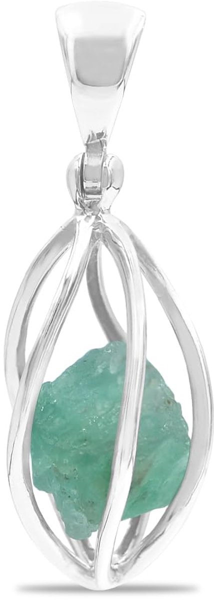 Ruwe Edelsteen Smaragd Kooi Hanger – 925 Sterling Zilver – Uniek Accessoire