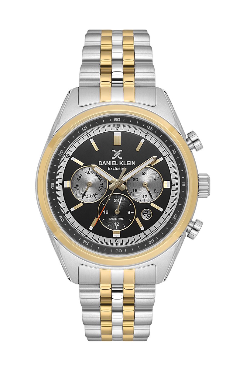 Daniel Klein DK.1.13976-4 - Horloge - Polshorloge - Analoog - Mannen - Heren - stalen band - Rond - Metaal - Streepjes - Datumaanduiding - 12-24 - Dualtime - Chrono - Zilverkleurig - Goudkleurig - Zwart - Wit