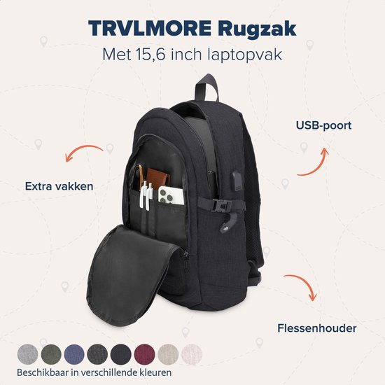 Sac à dos TRVLMORE - 25 L - 15,6 pouces - Sac à dos pour ordinateur portable avec port USB - Cartable - Homme et femme - Sac - Garantie à vie - Zwart
