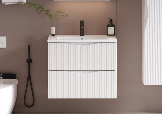 Meubel Square - Badkamermeubel set Morae 60cm - Wit - Badmeubel met wastafel - Wastafelkast Zwevend