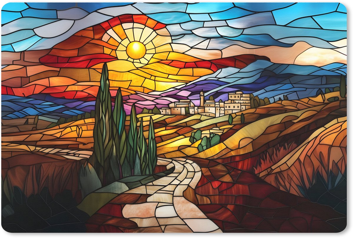 Muismat XXL 90x60 cm - Bureau onderlegger - Bureau mat Mozaïek - Zon - Landschap - Dorp - Bureaumat - Gaming mousepad xl - Bureaulegger groot - Computer deskmat
