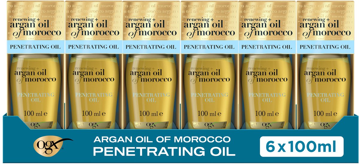 OGX Argan Oil of Morocco Haarolie, Doordringende Olie met Marokkaanse Arganolie, Beschermt tegen Hitte & UV, Herstel & Glans voor Alle Haartypes, 6x100 ml