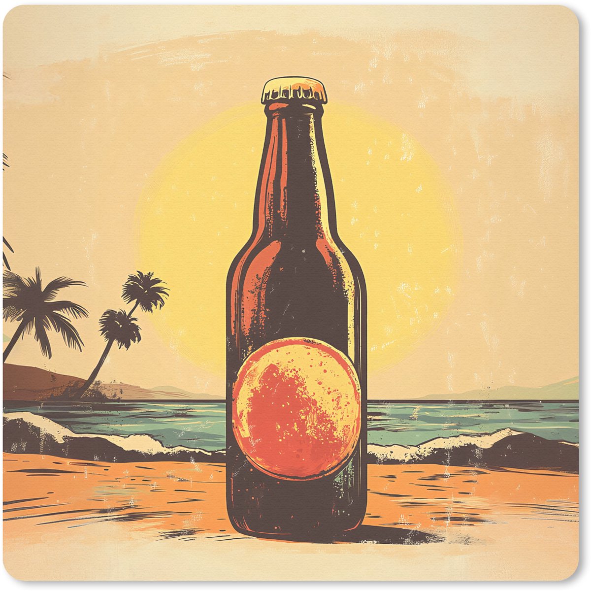 Muismat 20x20 cm - Mousepad Bierfles - Zonsondergang - Palmbomen - Zee - Muismatten