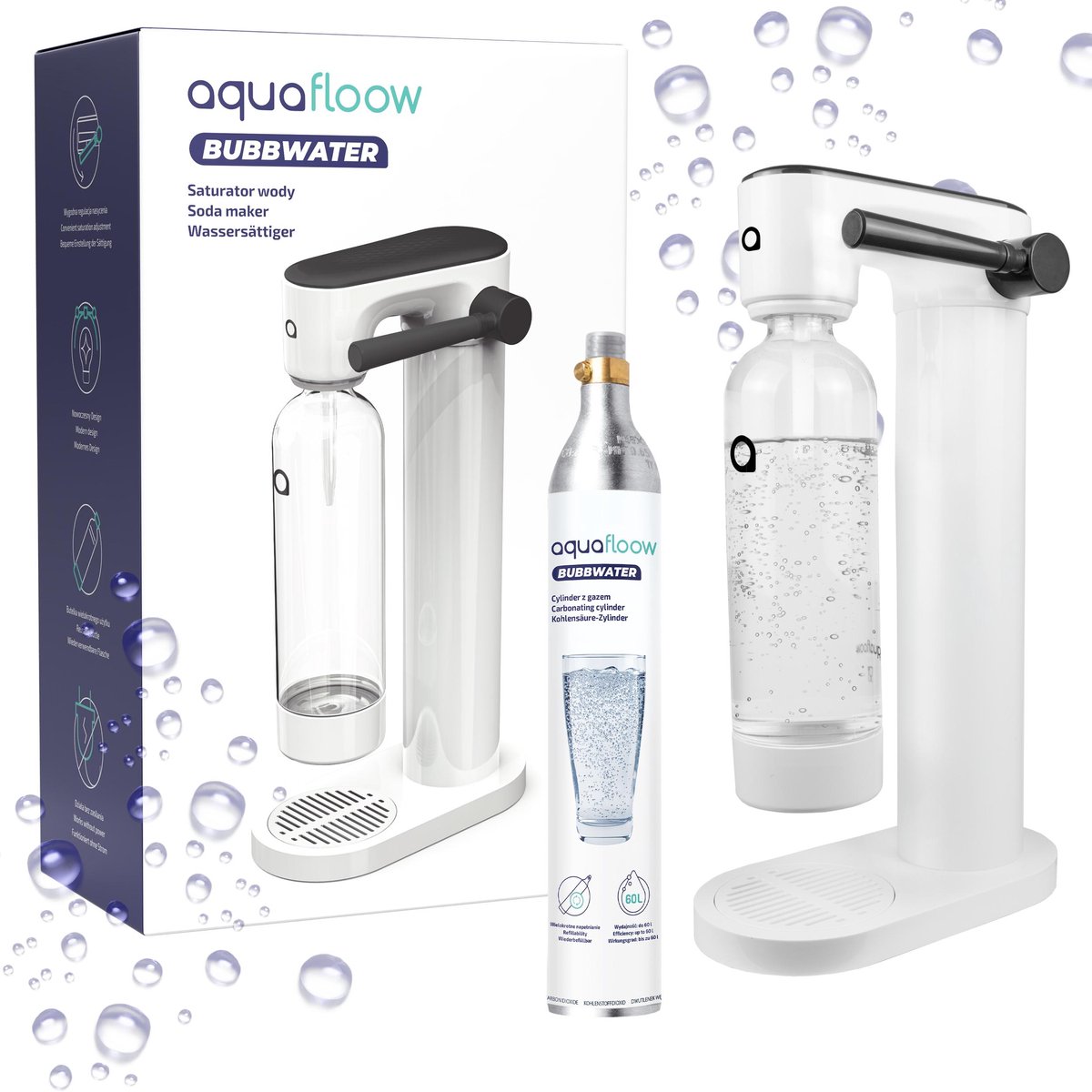 AquaFloow, Saturator, sodawatermaker, frisdrankmakers voor het carboniseren van water, set met een waterfles met een inhoud van 800 ml en een CO2-cilinder, voor het bereiden van zelfgemaakte dranken, water verzadigd met CO2