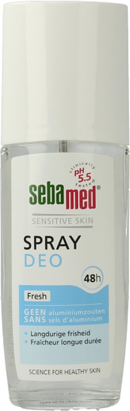 Sebamed Fresh Spray Deo, 75 ml. Transparante fles met witte dop. Bevat "GEEN aluminiumzouten".