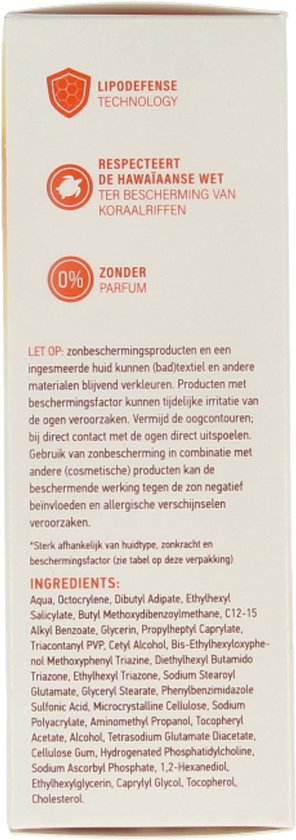 Zijde van de verpakking van Vision Every Day Sun Care. Met LipoDefense Technology, respecteert de Hawaïaanse wet ter bescherming van koraalriffen, 0% parfum.