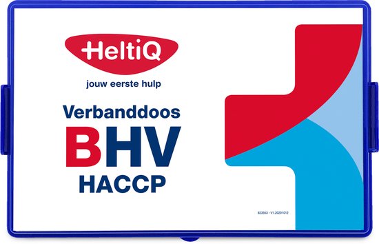 Blauw frame met Heltiq logo, rode en blauwe H-vormige graphic, "jouw eerste hulp Verbanddoos BHV HACCP".