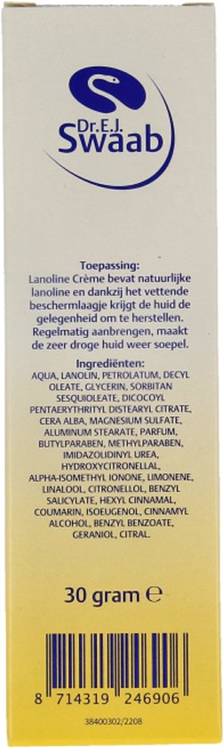 Achterkant doos 'Dr. E.J. Swaab Lanoline Crème' met toepassings- en ingrediëntenlijst, 30 gram.