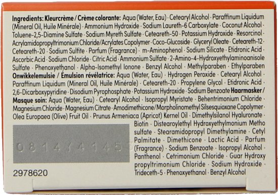 Ingrediëntenlijst voor haarkleurcrème en emulsierevelator.