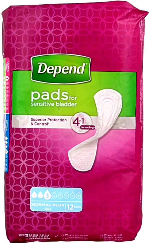 Roze verpakking met 'Depend pads for sensitive bladder'. Toont een incontinentieverband en 12 pads-icoon.