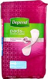 Roze verpakking met 'Depend pads for sensitive bladder'. Toont een incontinentieverband en 12 pads-icoon.