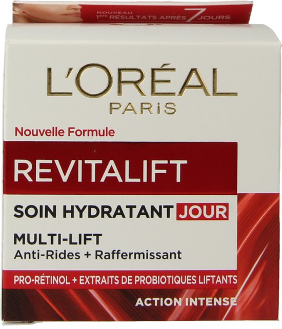 Doos L'Oréal Paris Revitalift nieuwe formule, hydraterende dagverzorging, anti-rimpel + extra stevigheid.