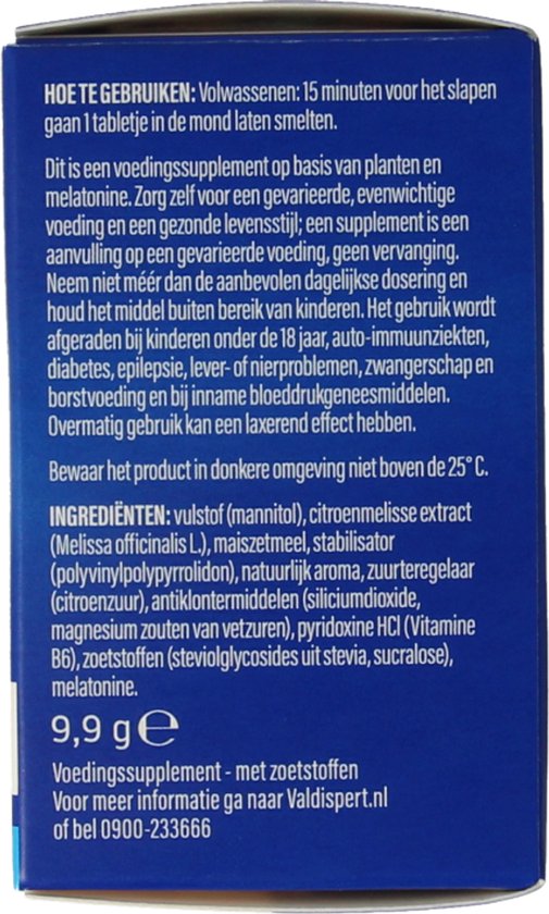 Instructies Valdispert Slaap Smelttabletjes. 15 minuten voor het slapen in de mond laten smelten. Ingrediënten: citroenmelisse, vitamine B6, melatonine.