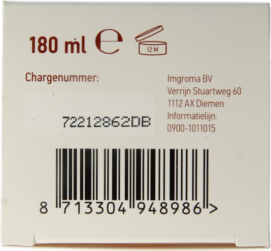Verpakking met "180 ml e", chargenummer, streepjescode en contactgegevens.