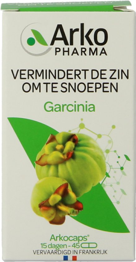 ArkoPharma Garcinia doos met afbeelding van de vrucht. "Vermindert de zin om te snoepen". Bevat 45 capsules.