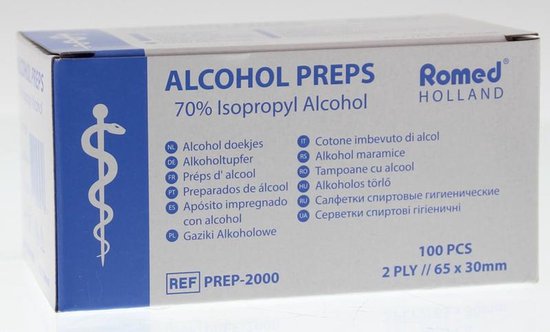 Doos met Romed alcohol swabs (70% isopropyl alcohol) in meerdere talen, 100 stuks.