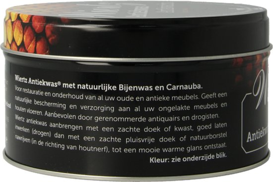 Zwarte blik met "Wiertz Antiekwas", tekst en afbeelding van honingraten.