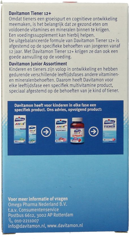 Achterkant verpakking Davitamon Tiener met informatie over het product en het assortiment.