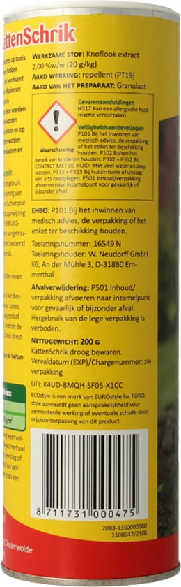 Blik met "KattenSchrik tegen katten", waarschuwingstekst en "100% natuurlijke knoflookextract".