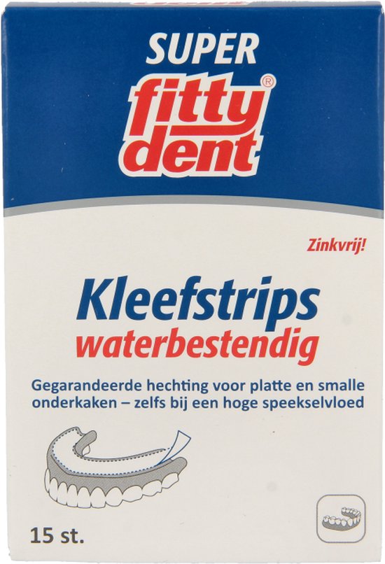 Super Fittydent doosje met "Kleefstrips waterbestendig" en "Zinkvrij!". Bevat 15 stuks.