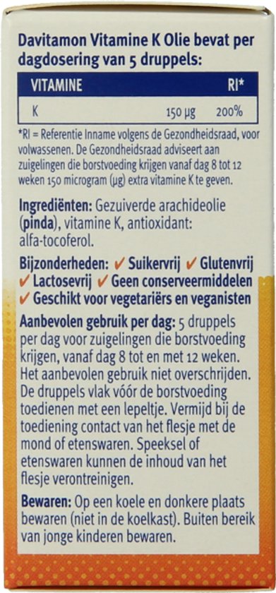 Davitamon Vitamine K Olie - vitamine K baby - speciaal ontwikkeld voor baby’s die nog borstvoeding krijgen - 10 ml
