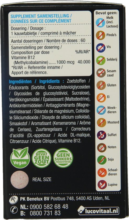 Lucovitaal Vitamine B12 1000 micogram Voedingssupplement - 60 kauwtabletten - Kersensmaak