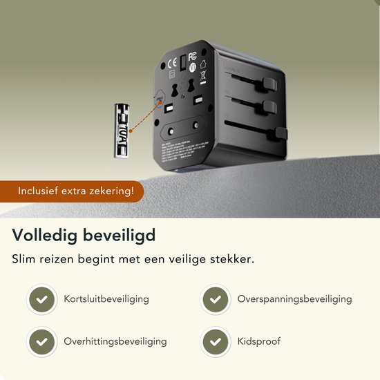 GlobeTrek® Reisstekker - Wereldstekkers - Fast Charging - Universele Wereldstekker - USB-C USB-A snel laadpoorten - 170+ landen: Engeland (UK), Amerika (USA), Australië, Japan, Zuid Amerika, Azië, Thailand, Afrika, Europa - Snellader - Reisadapter