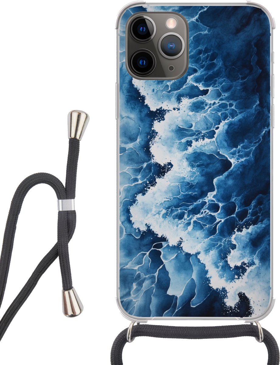 Telefoonhoesje Geschikt voor iPhone 11 Pro - Golven - Blauw - Schuim - Siliconen - Crossbody - Backcover met Koord - Telefoonhoesje met koord - Hoesje met touw Telefoonhoesje