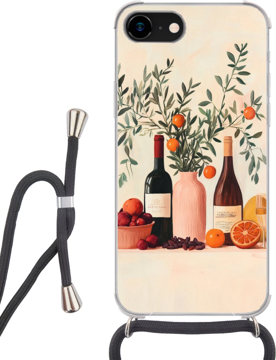 Telefoonhoesje Geschikt voor iPhone 8 - Wijnflessen - Takken - Sinaasappels - Siliconen - Crossbody - Backcover met Koord - Telefoonhoesje met koord - Hoesje met touw Telefoonhoesje