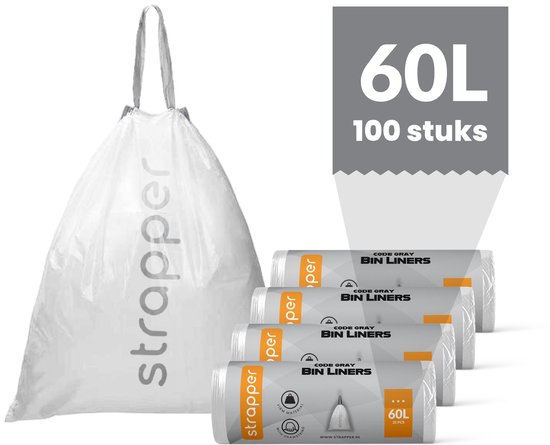 Een witte Strapper afvalzak van 60L met trekkoord en vier rollen afvalzakken, elk 25 stuks.