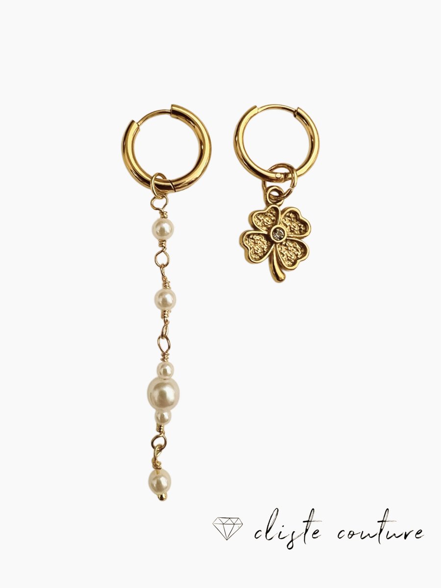 Cliste Couture - Long Parel And Clover Hoop Oorbellen Set - Sieraden - Oorbellen Dames - Verguld - Oorbellen - Goud