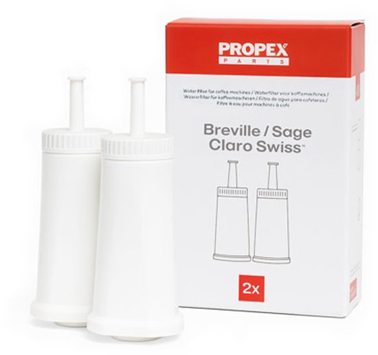 Twee witte waterfilters naast een doos met 'Propex Parts' en 'Breville / Sage Claro Swiss' logo. De doos vermeldt '2x'.
