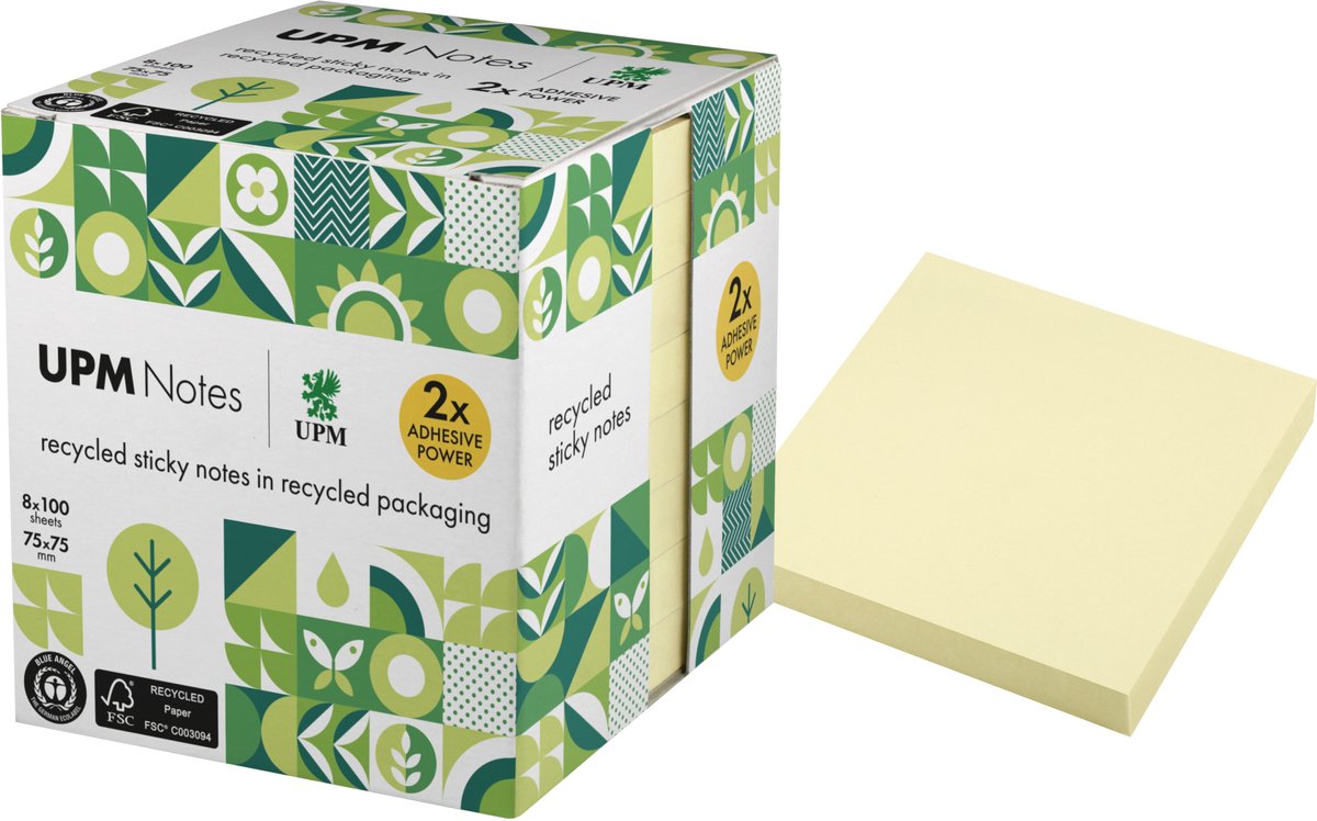 UPM sticky notes - formaat 75 x 75 mm - pastelgeel - 8 memoblokken - IN-5654-11UR-8