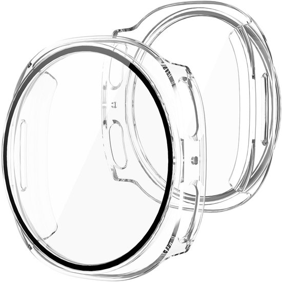 Twee doorzichtige smartwatch hoesjes met zwarte rand, op een witte achtergrond.