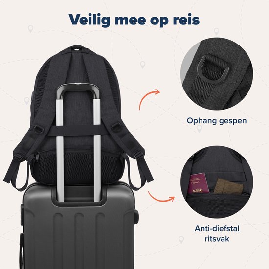 TravelMore Daily Carry XL Backpack - Sac à dos pour ordinateur portable 17,3 pouces - Femme / Homme - 36L - Hydrofuge - Zwart