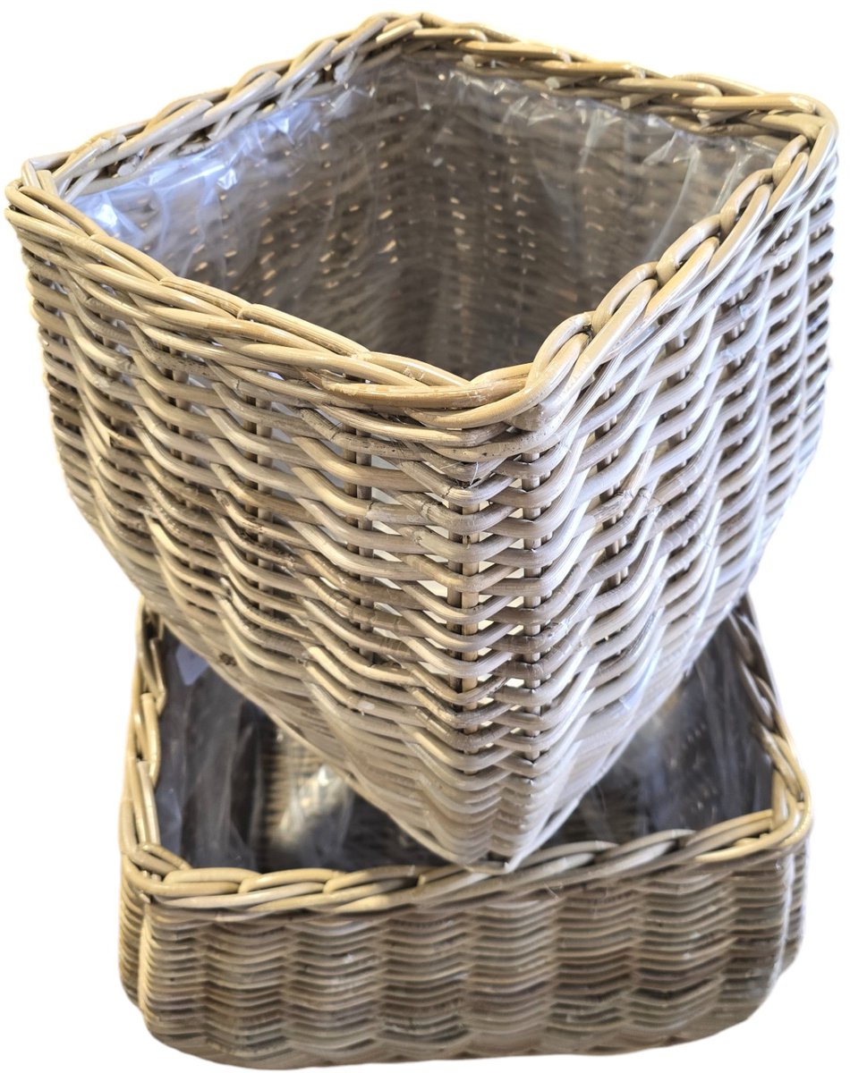 TeakOne - SET/3 - Rotan plantenmand binnen en buiten - Boho - Boho mand - Plantenmand - Rotan mand - Rotan planten mand - in- en outdoor - Wicker mand - buiten planten mand - Vierkante bloempot - Rieten mand - Vierkante mand - vierkant