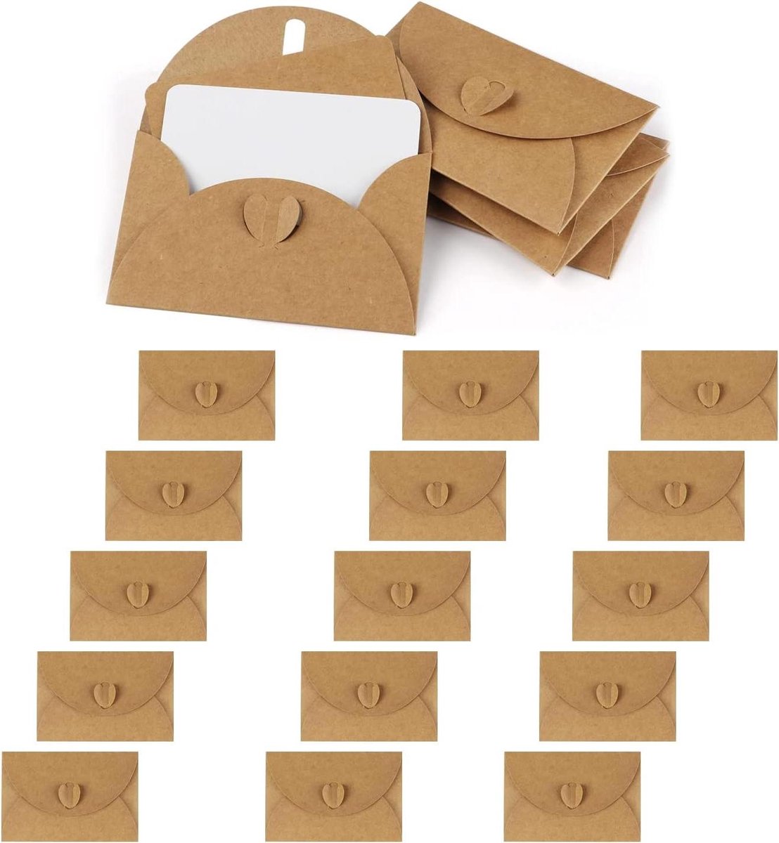 JGS Premium - Enveloppen van kraftpapier met blanco kaarten - Hartvormige sluiting - 15 stuks