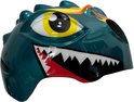 Groene kinderhelm met dinosaurusprint, vlammen en haaientanden.