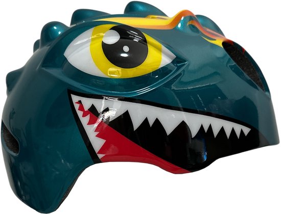 Groene kinderhelm met dinosaurusprint, vlammen en haaientanden.